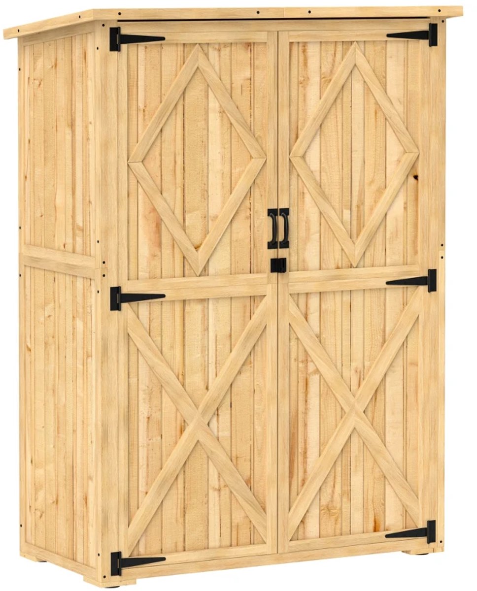 Houten Tuinschuur - Tuinhuis - Tuinkast - 116,5x57x167 cm - met Asfalt Dak en Dubbele Deuren - Gereedschapsschuur - Opslagruimte Tuin - Tuingereedschap Bewaren - Sparrenhout - Lichtbruin