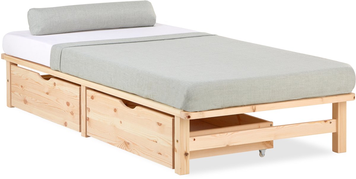 Homestyle4u Palletbed - 90x200 cm - Houten bed - met bedbak Set van 2 - Natuur Bruin