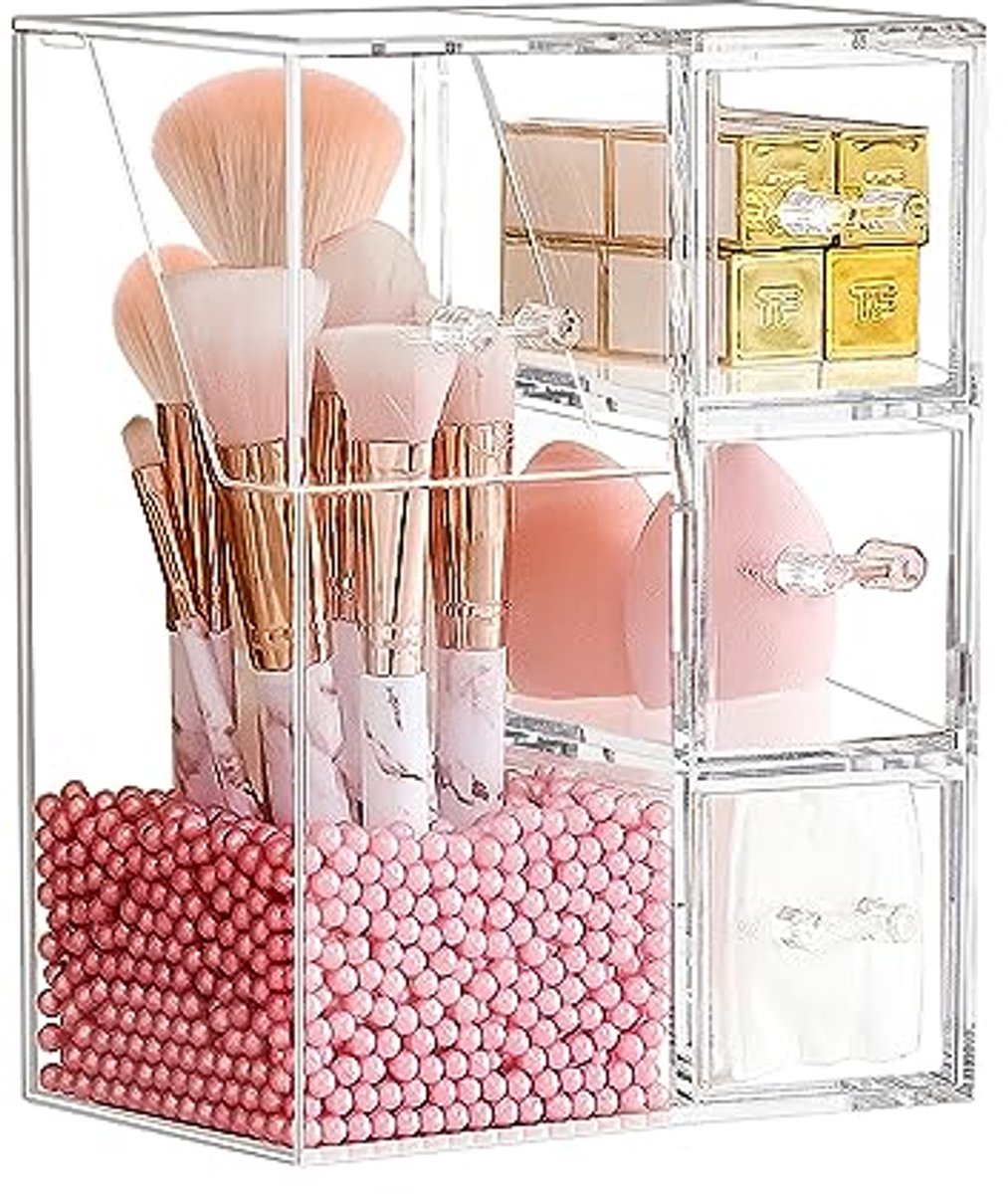 Make-up Borstel Organizer en Opslag Beker - Transparant met Roze Parel