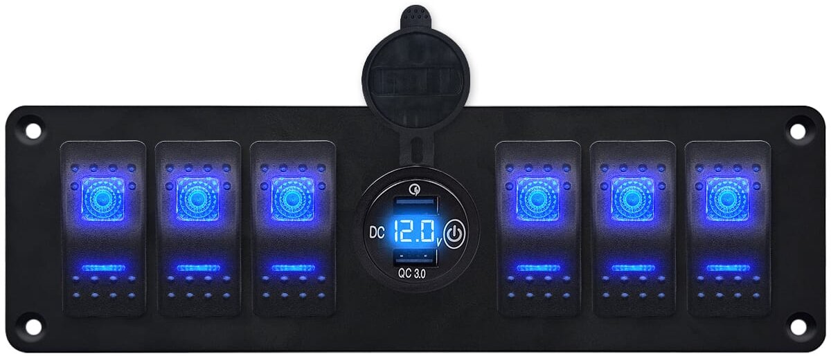 ProRide Schakelpaneel 12V voor Auto/Boot - USB Stopcontact 2 Poorten met Schakelaar en Voltmeter - QC3.0 - 6 schakelaars - Blauw