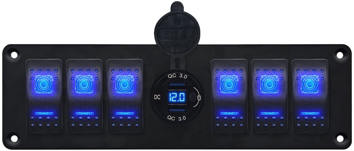 ProRide Schakelpaneel 12V voor Auto/Boot - USB Stopcontact 2 Poorten met Schakelaar/Voltmeter - QC3.0 - DS2120B - 6 schakelaars - Blauw