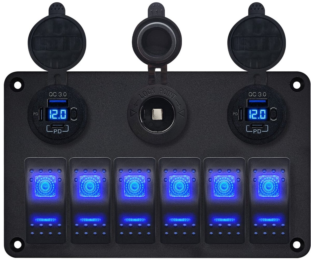 ProRide Schakelpaneel 12V voor Auto/Boot - USB C Stopcontact 6 Poorten met Schakelaar/Voltmeter - QC3.0 - 6 schakelaars + 12V/24V stopcontact - Blauw