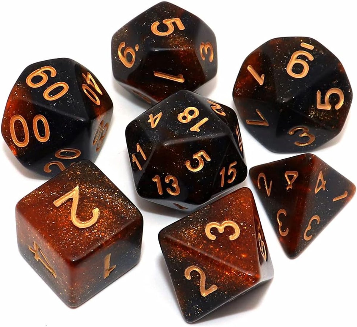 Dobbelstenen Set 7-delig – Brons Zwart D20 D12 D10 D8 D6 D4 – Voor RPG & Tafelspellen