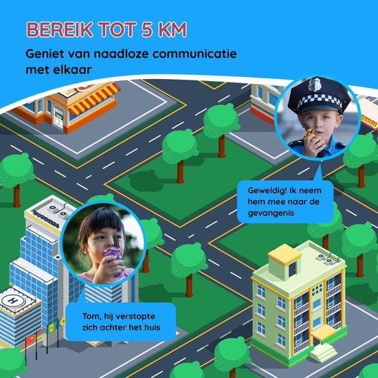 Grootschalige stadsplattegrond met twee kinderen die walkie-talkies gebruiken, één als politieagent.