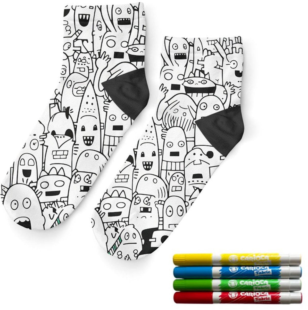 Goby Kleur je Eigen Sokken Set – Monster Thema – Sokken – Enkelsokken – 4 Carioca Stoffenstiften