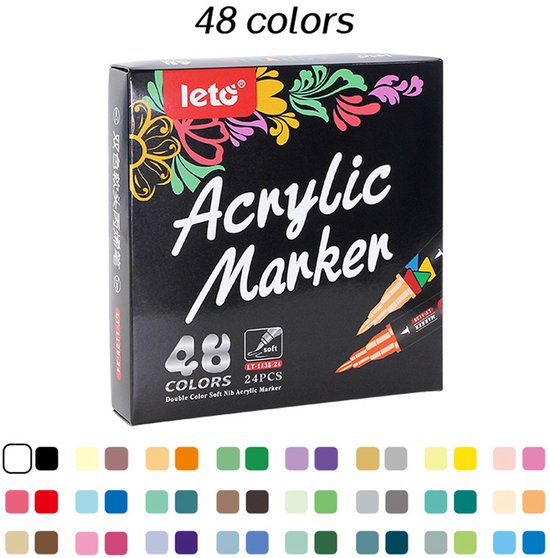 Acrylverf Marker Set – 48 Kleuren – 24 acrylstiften-Acrylic Verf Pennen Dual met dubbele penpunt- Geschikt voor Volwassenen & Kinderen – Perfect voor Happy Stones en Creatieve Tekening- oor Stenen Schilderen