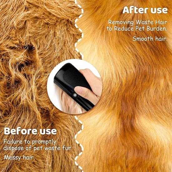 Vergelijking van hondenvacht voor en na gebruik van de ontharingskam. Voor: rommelig haar. Na: glad haar. Tekst: Before use, After use.