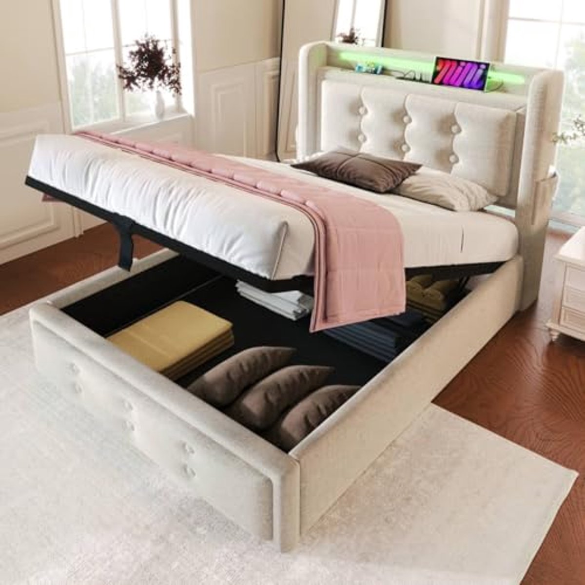 Gewatteerd bed 90x200 cm met led-hoofdeinde en USB C-oplader