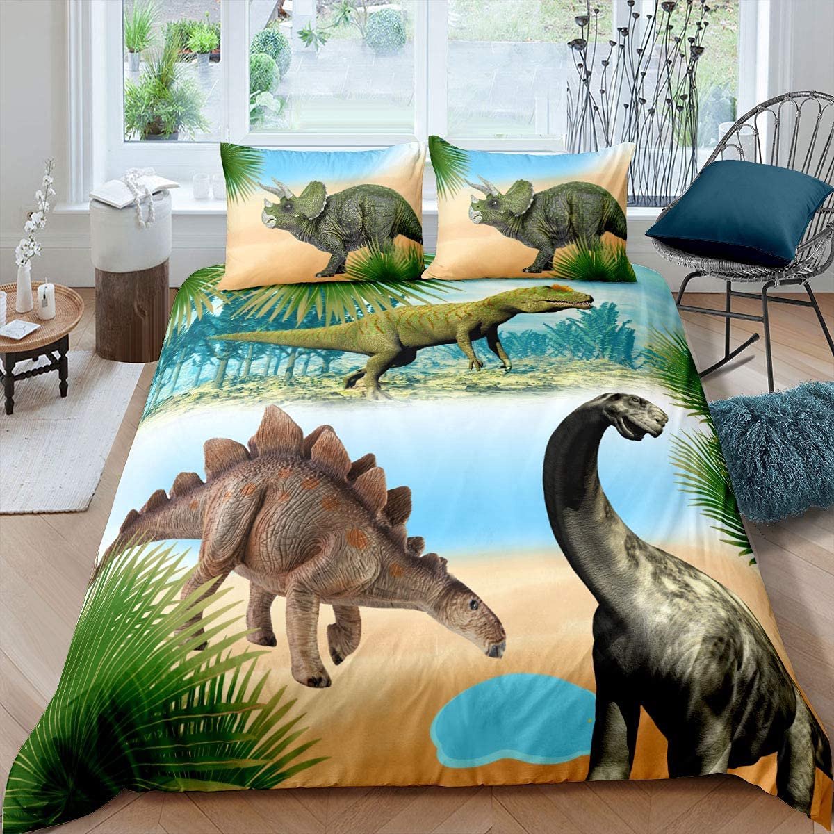 Ibenzoa 3-delige beddengoedset voor kinderen met kleurrijk cartoonpatroon en ritssluiting Dinosaurus