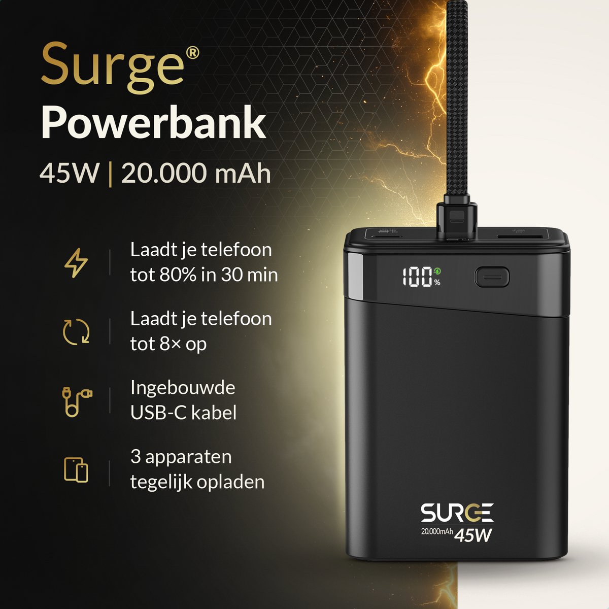 Surge Powerbank 20.000mAh 45W Zwart met USB-C Kabel - afbeelding 2