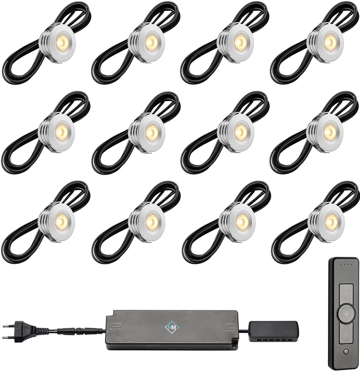 LED veranda inbouwspots Pals ab inclusief trafo en afstandsbediening - 3W / dimbaar / inbouwspot / terrasoverkapping / overkapping / serre / carport / warm wit / rond / 230V / IP44 / set van 12 stuks