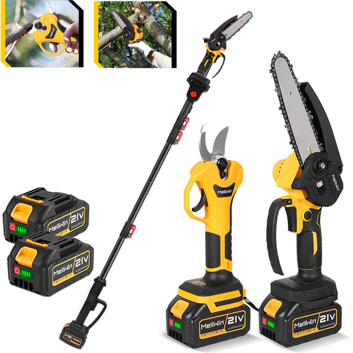 MellWin 4-in-1 Accu Telescopische Kettingzaag - 6 inch Mini Kettingzagen - 25 mm Elektrische Snoeischaar - verlengstang tot 2 m - Borstelloze motor - Elektrische snoeizaag voor boomtakken, houtzagen