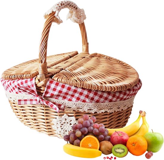 Panier de pique-nique en osier avec couvercle et poignée, panier de pique-nique tissé, panier de bonbons fait à la main, adapté aux œufs de Pâques, panier de rangement, panier à vin, panier en saule naturel, panier vide pour pique-nique
