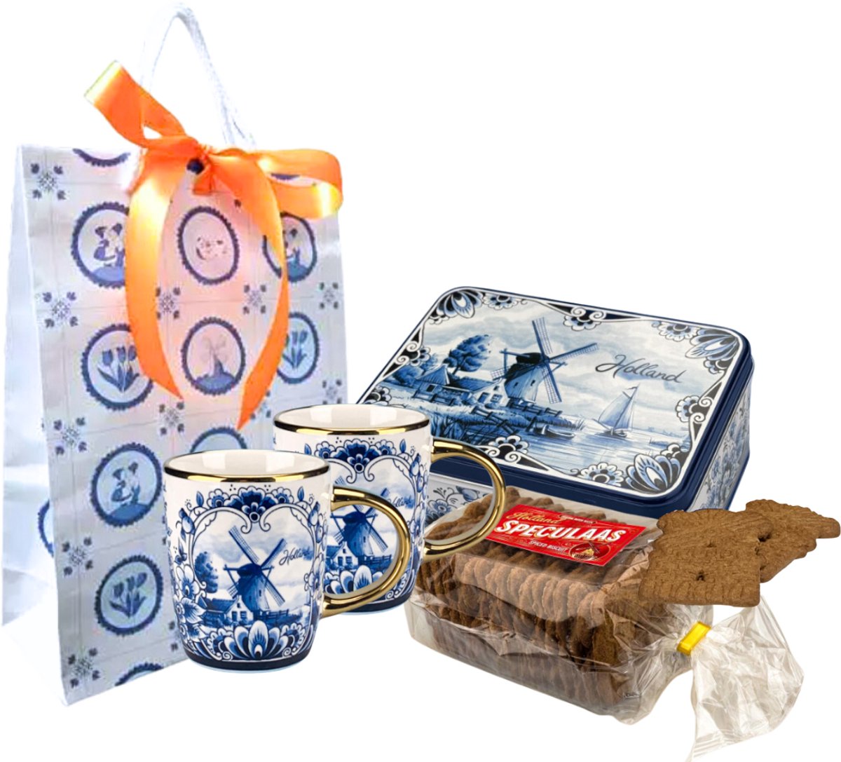 Hollandse souvenirs - Delfts blauw mok - Set van 2 - Speculaas - in Koekblik - Molen - Typisch Hollands