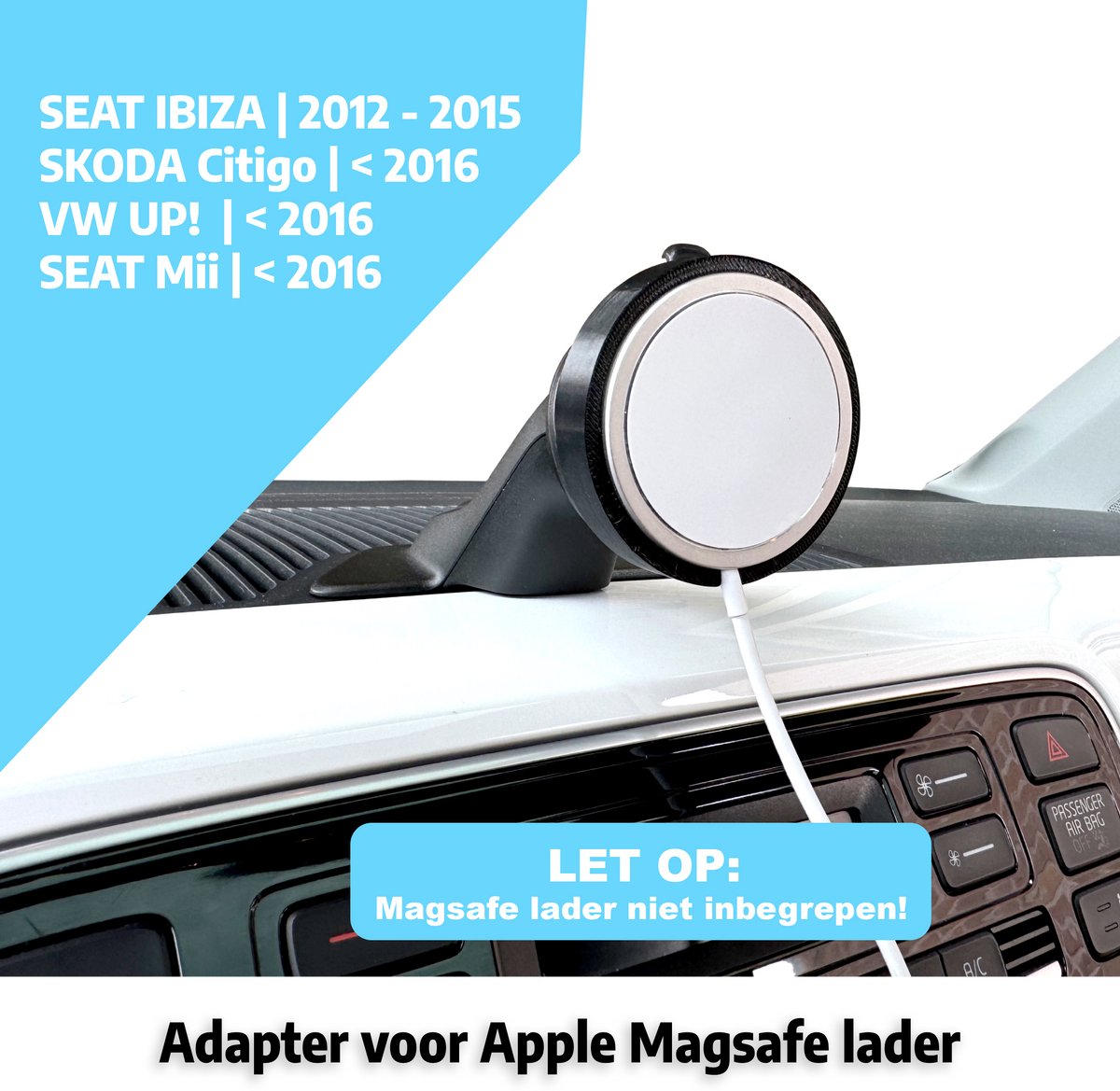 Volkswagen UP magsafe adapter - voor originele magsafe puck lader accessoire (Seat Mii, Ibiza, Skoda Citigo)