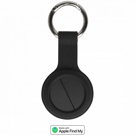 Zwarte tracker met sleutelring en "Works with Apple Find My" logo.