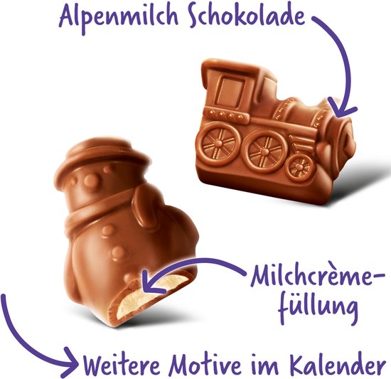 Melkchocolade treintje en sneeuwpop met melkcrème vulling.