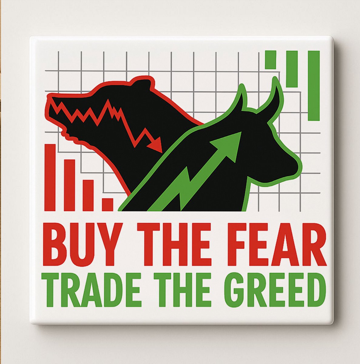 Nevolis Buy the Fear Trade the Greed – 15x15cm Motiverende Beurstegel | Stier & Beer Beleggersdecoratie | Cadeau voor Traders en Ondernemers Multi Color