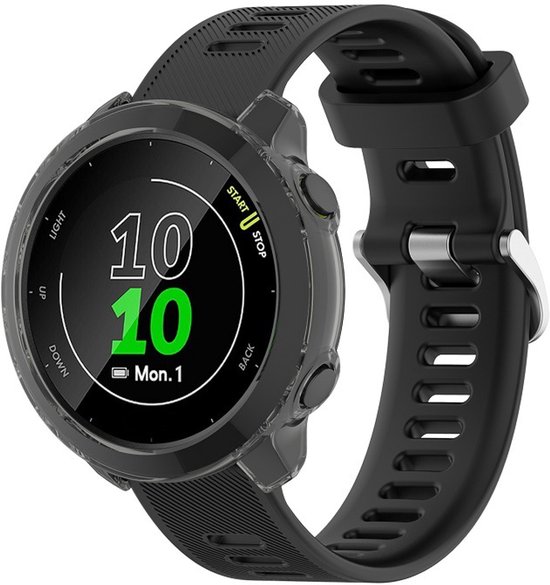 Zwarte Garmin smartwatch met transparante TPU hoes en zwarte band, met "START STOP" op het scherm.
