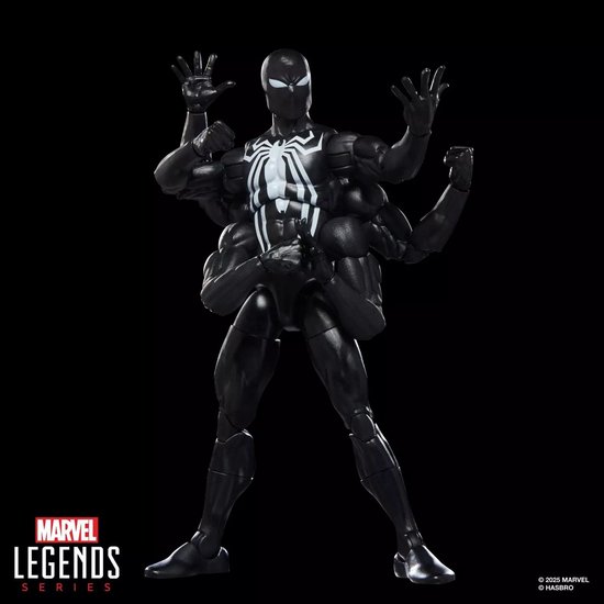 Marvel Legends Dark Avengers Spider-Man actiefiguur, zwart met wit spinnenlogo en zes extra armen.