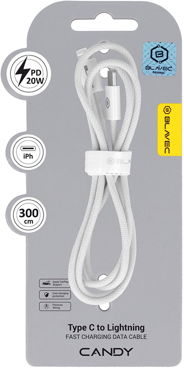 Blavec Candy USB-C naar Lightning Kabel - PD 20W, 2.4A, 3m, Wit