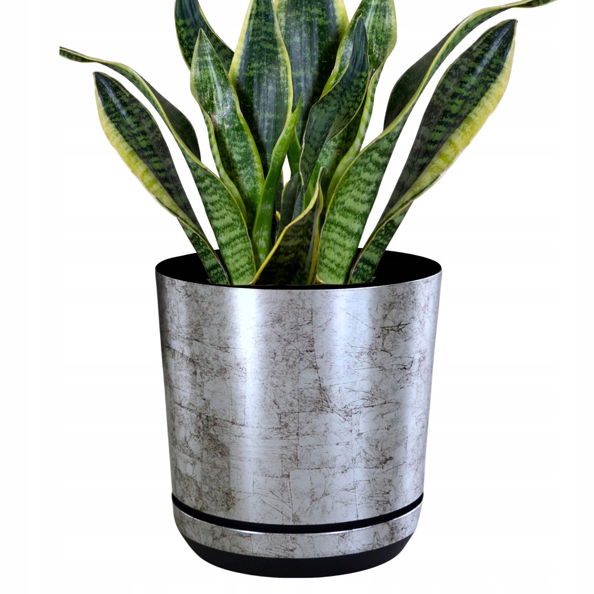 Elegante plantenbak 16 cm met schotel, oud zilver, stone look