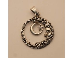 Sterling zilveren hanger maan mannetje met kleine maan en ster - 925 zilver maan man hanger - zilveren bedel maan voor aan ketting - sierlijke hanger - astrologie hanger van sterling zilver - prachtige maan pedant