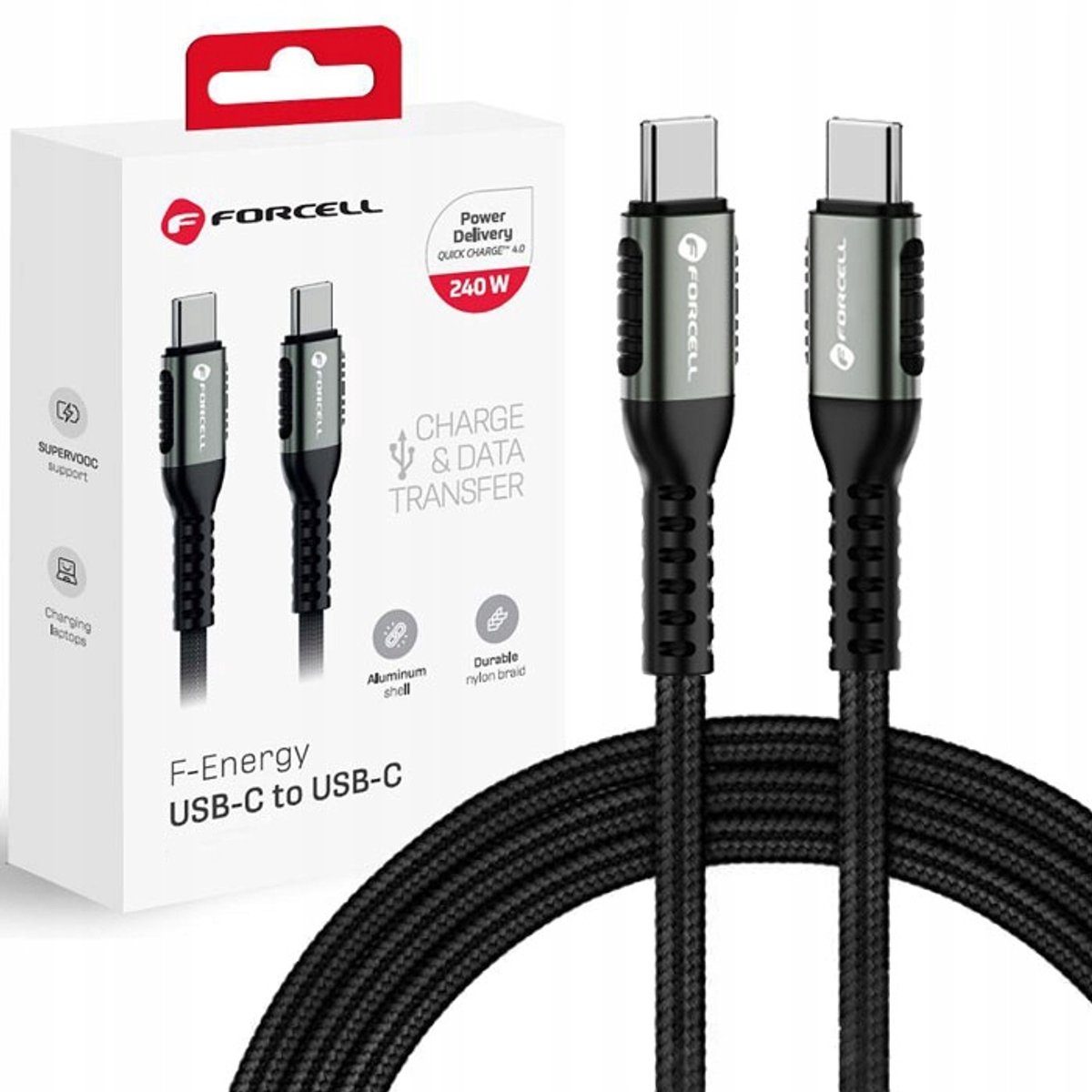 Forcell USB-C naar USB-C kabel 240W 5A 50cm QC4.0 PD nylon