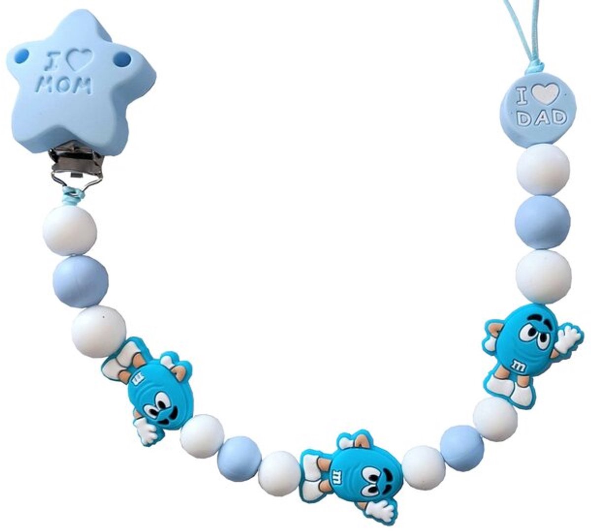 Siliconen speenkoord met blauwe M&M figuurtjes – Handgemaakt, dubbele draad, BPA-vrij – I love & Dad