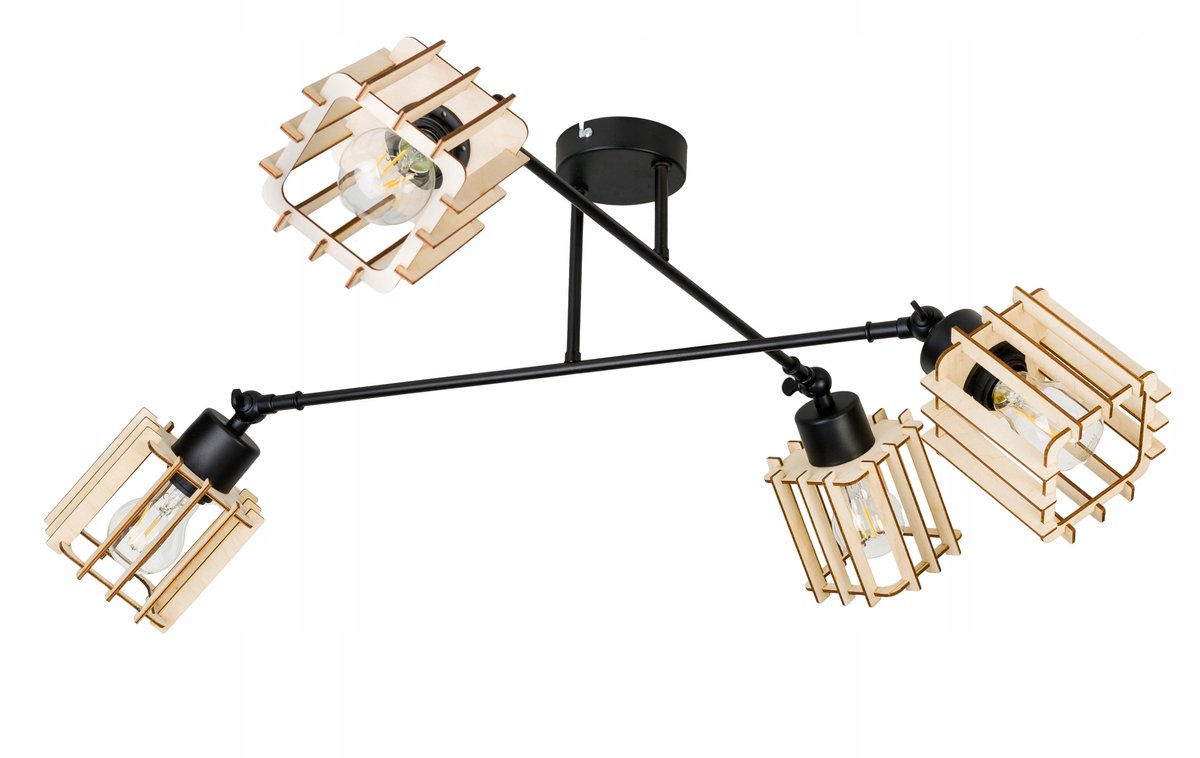 Loft Hanglamp Hout 4xE27 Verstelbaar Zwart