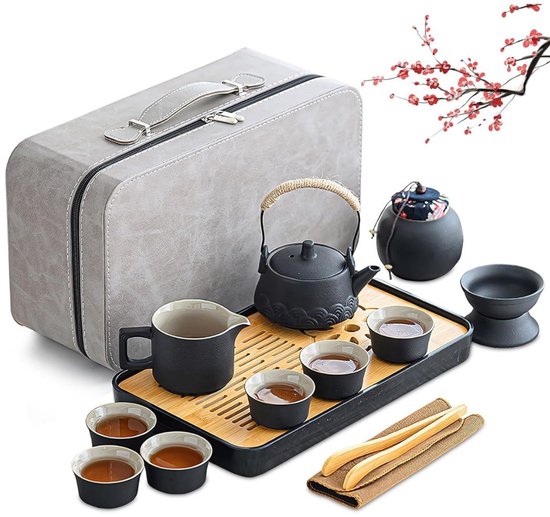 Goodivery - Theeservies Set - Japanse Theeset voor 6 Personen - Prachtige Theeset Porseleinen Chinese Theepotset - 14-Delige Gongfu-Theeset - Draagbare Zwarte Keramische Theepotset - Zwart
