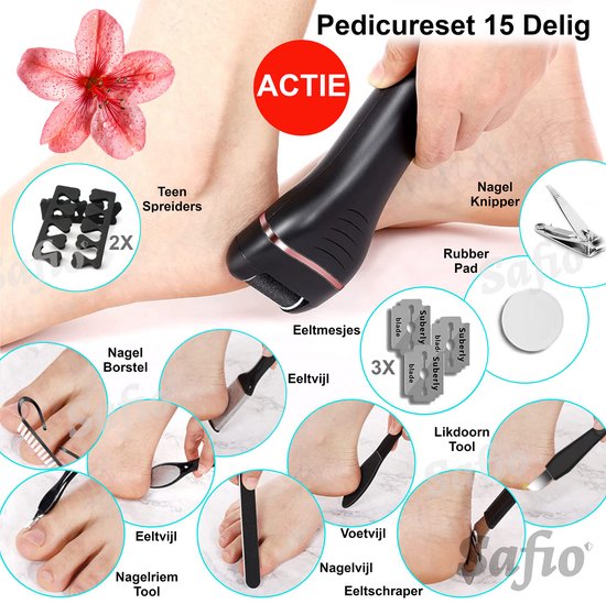 Pedicure set 15 delig met eeltverwijderaar, teen spreiders, nagelknipper, borstel en vijlen.