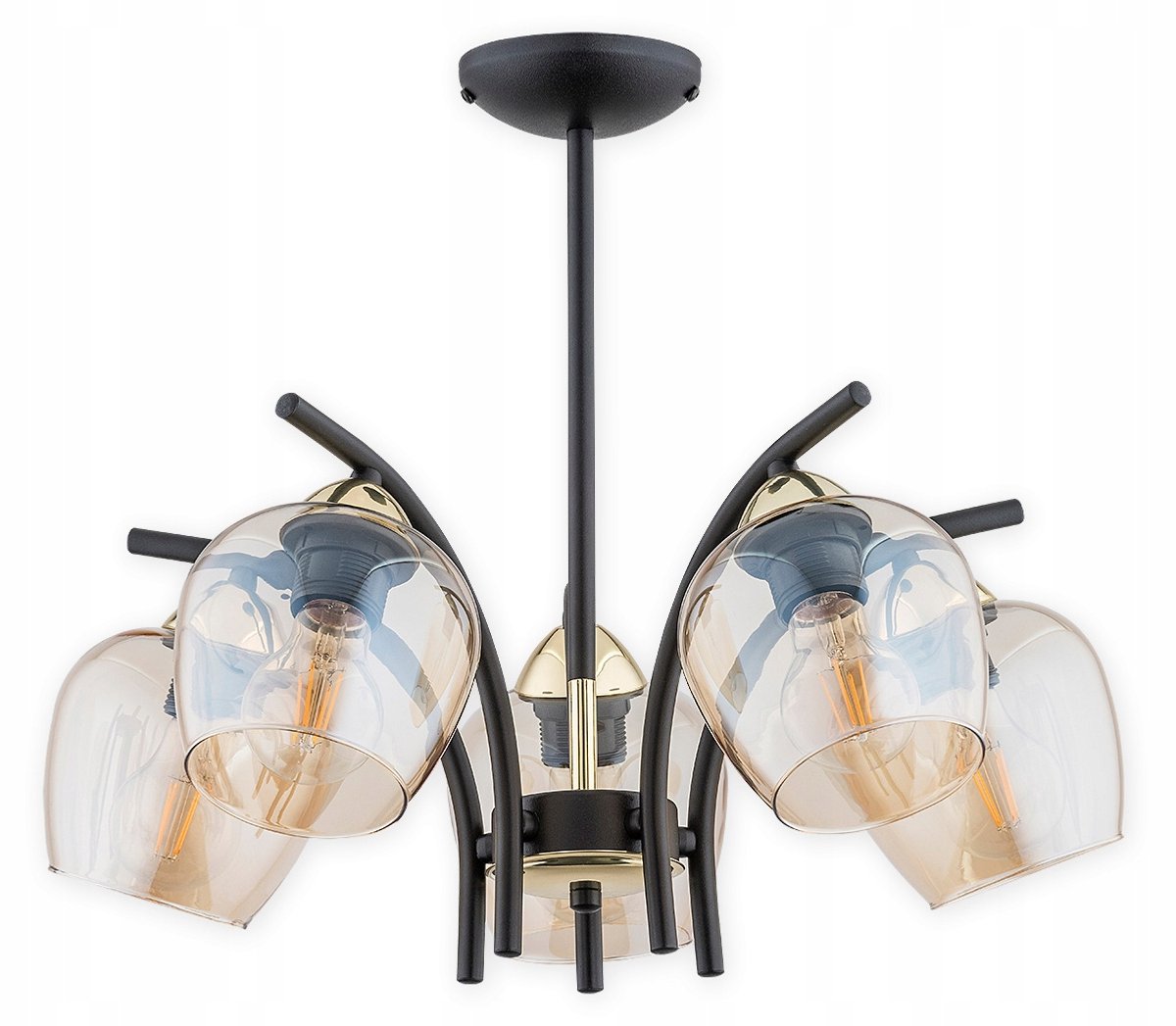 Maral Hanglamp 5-Lichts - Mat Zwart & Goud - Amber Glas