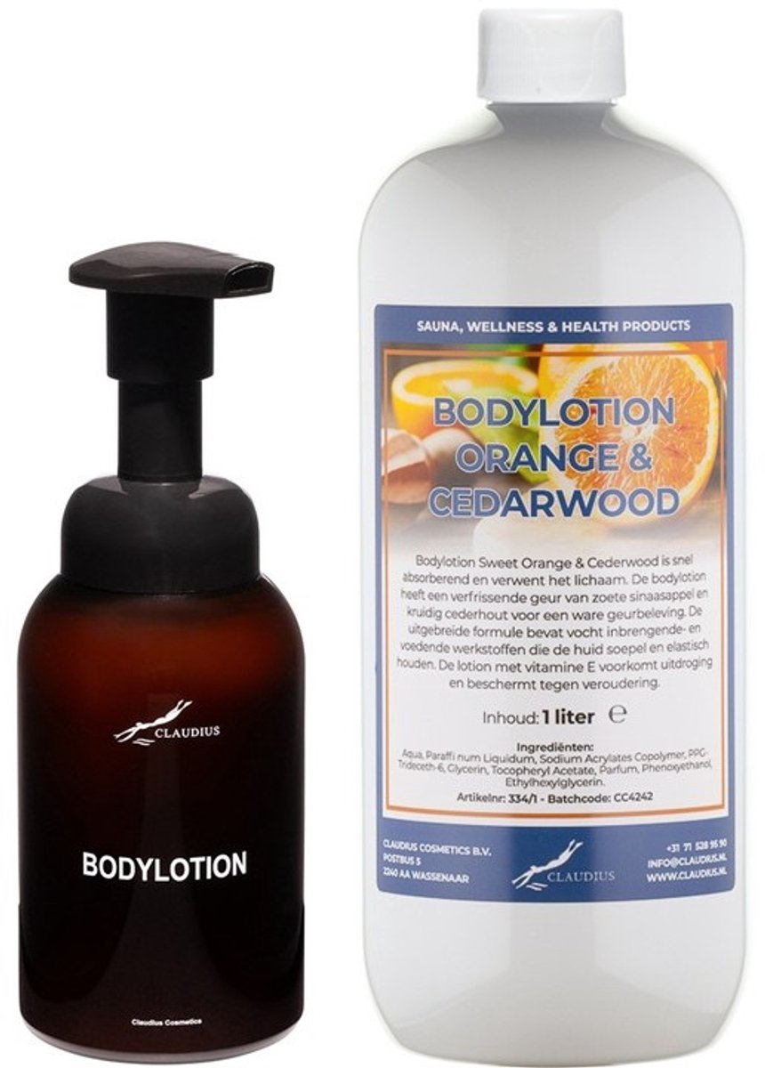 Zeepdispenser 300 ml amber bruin hervulbaar + 1 liter Bodylotion Orange & Cedarwood navulling