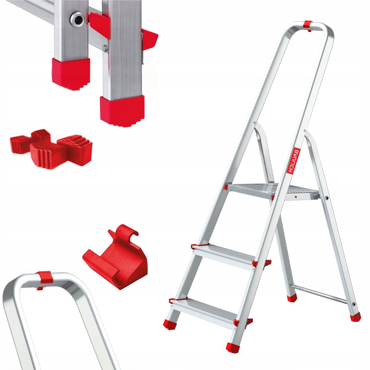 Baulich Aluminium huishoudtrap met haak - 3 treden met antislip - werkhoogte 254 cm, draagkracht 125 kg, stabiele voeten