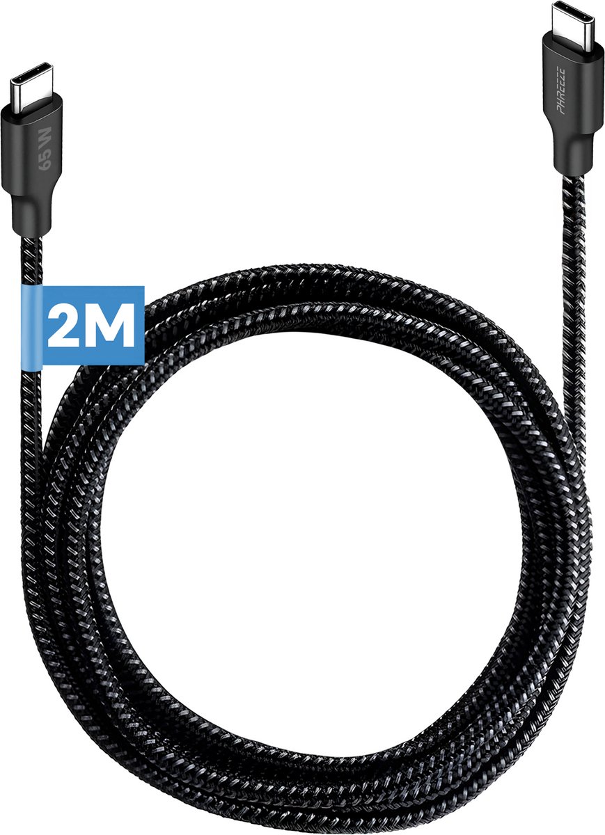 Usb C kabel 2 meter lang - 65w snellaadkabel - Usb C naar usb C - Oplaadkabel - Zwart - Phreeze