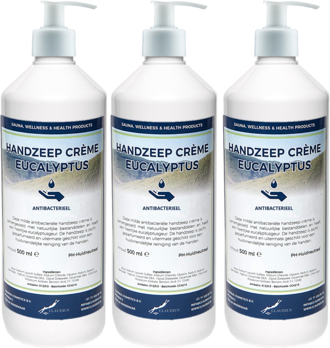 Handzeep Crème Eucalyptus 500 ml - set van 3 stuks - met gratis pomp - Voordeelverpakking