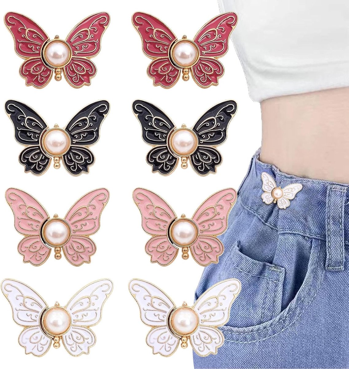 8 stuks jeansknopen voor het verstevigen van de taille, zonder naaien, verstelbare tailleclipset, jeansknopen voor losse jeans en broeken, tailleverstevigingsknopen in de vorm van een vlinderbloem voor vrouwen (stijl 02) - Cyslmuk®