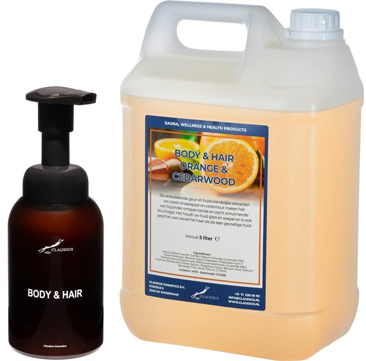 Zeepdispenser 300 ml amber bruin hervulbaar + 5 liter Body & Hair Sweet Orange & Cedarwood navulling