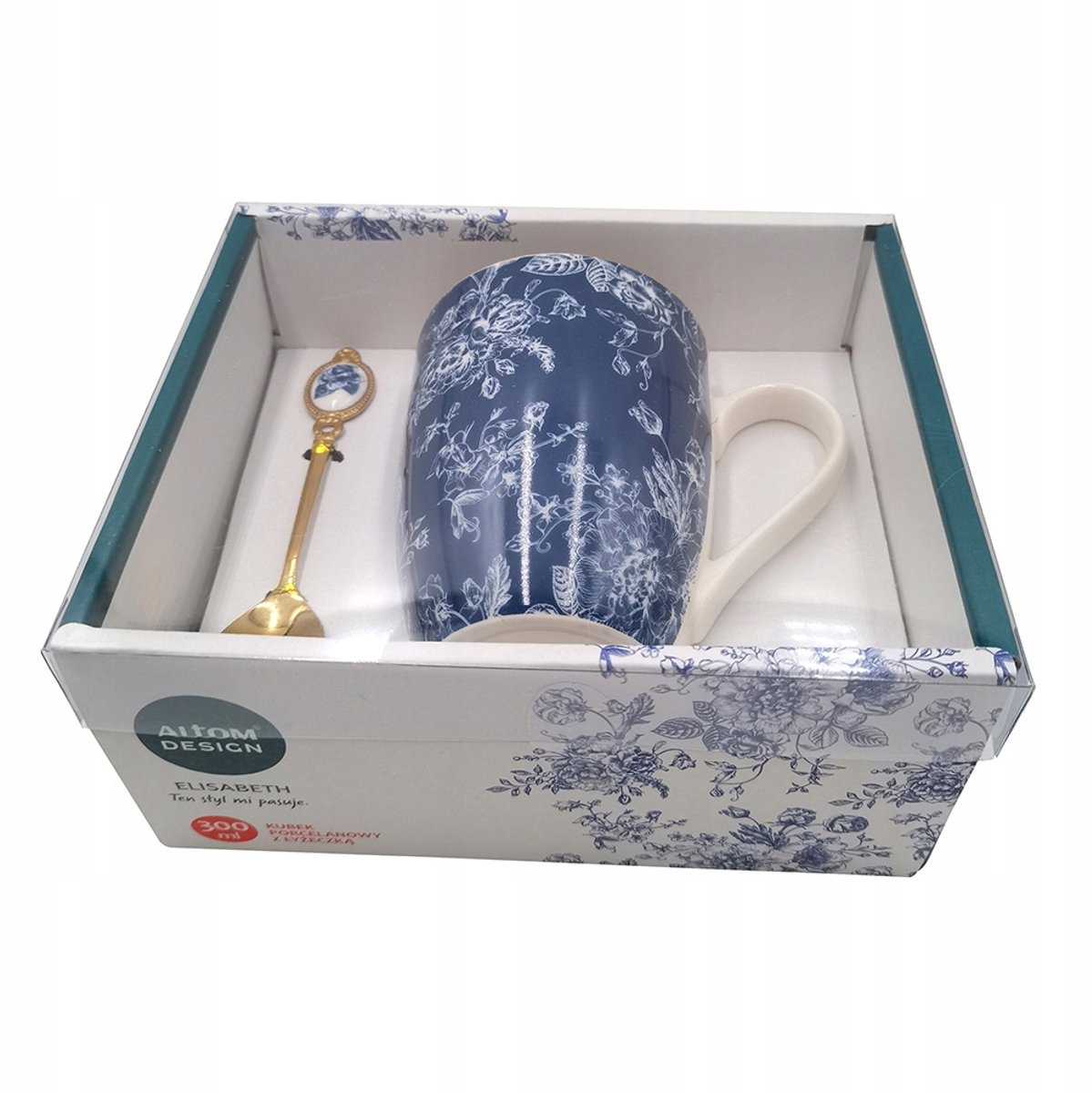 Porseleinen Mok Elisabeth met Lepel - 300ml - Bloemendessin