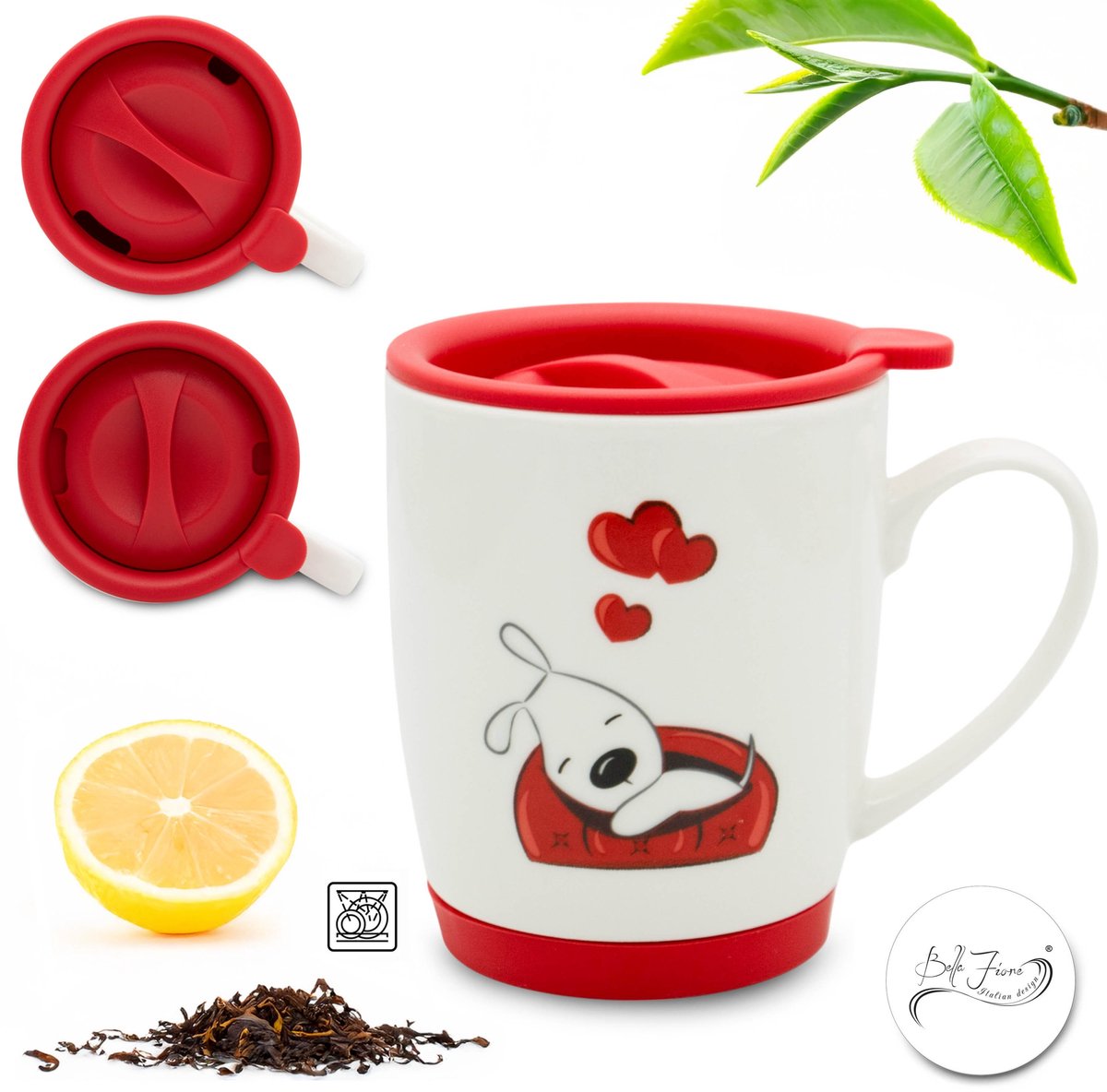 Bella Fiore Porseleinen Mok met Deksel - 350 ml - Hondje