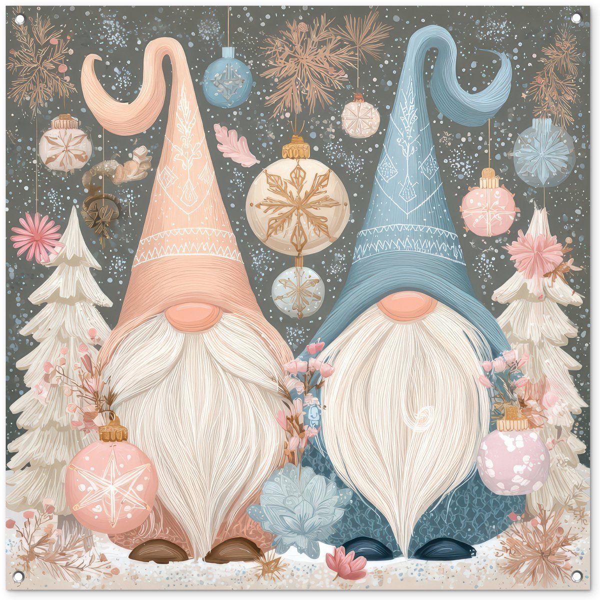 Tuinposter 100x100 cm met Kerst Gnomen in pastelkleuren voor buiten.