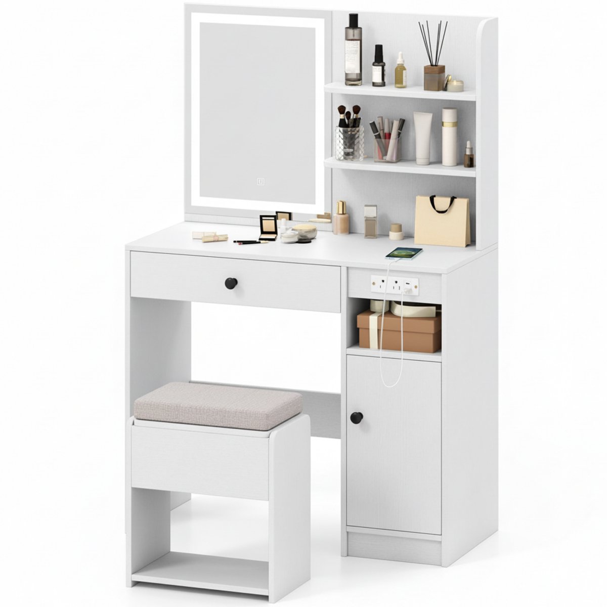 Zenzee Kaptafel – Make up tafel met spiegel – Spiegel met LED verlichting – Toillettafel – Veel opbergruimte – Wit - 90B x 40D x 136H cm
