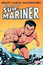 Namor, de Sub-Mariner, zwemt met zijn vuist naar voren in een comic cover met "Mighty Marvel Masterworks" en "Namor, The Sub-Mariner".