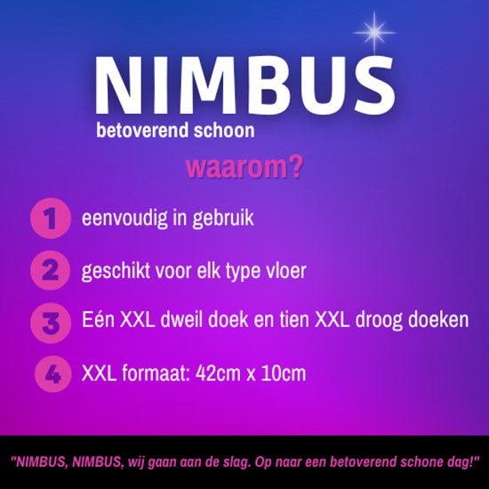 Nimbus betoverend schoon: eenvoudig, voor elk vloertype, 1 XXL dweil en 10 droge doeken, XXL formaat 42cm x 10cm.