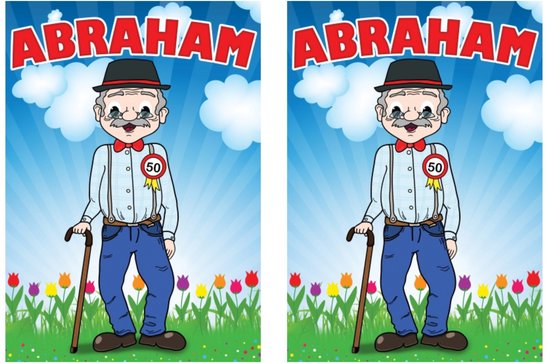 Twee identieke posters van Abraham, 50 jaar, met bloemen en een blauwe lucht.