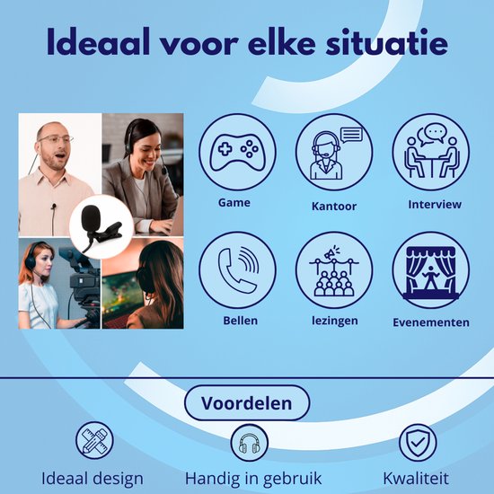 Illustratie met toepassingen voor microfoonwindkappen: game, kantoor, interview, bellen, lezingen, evenementen.