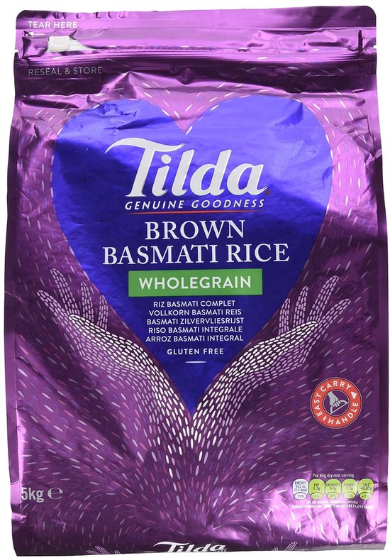 Tilda Volkoren Basmati Rijst 5 kg – Natuurlijke, Volkorengraan Rijst met Nussige Smaak | Rijk aan B-Vitamines & Vezels | Gezonde, Smettende & Veelzijdige Rijst voor Salades, Soepen & Opgewarmde Gerechten met Kajal Sticker