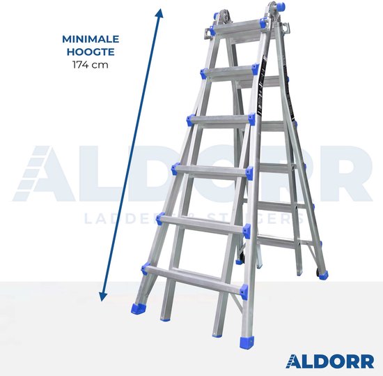 Uitschuifbare aluminium ladder, ingesteld op een minimale hoogte van 174 cm.