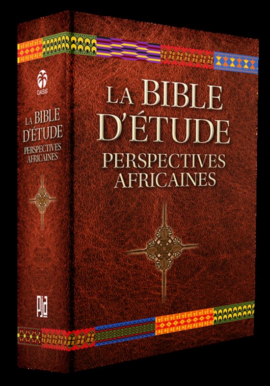 La Bible d'Étude 'Perspectives Africaines' reliée en cuir brun avec des motifs africains colorés sur le dos et les côtés. Titre doré.